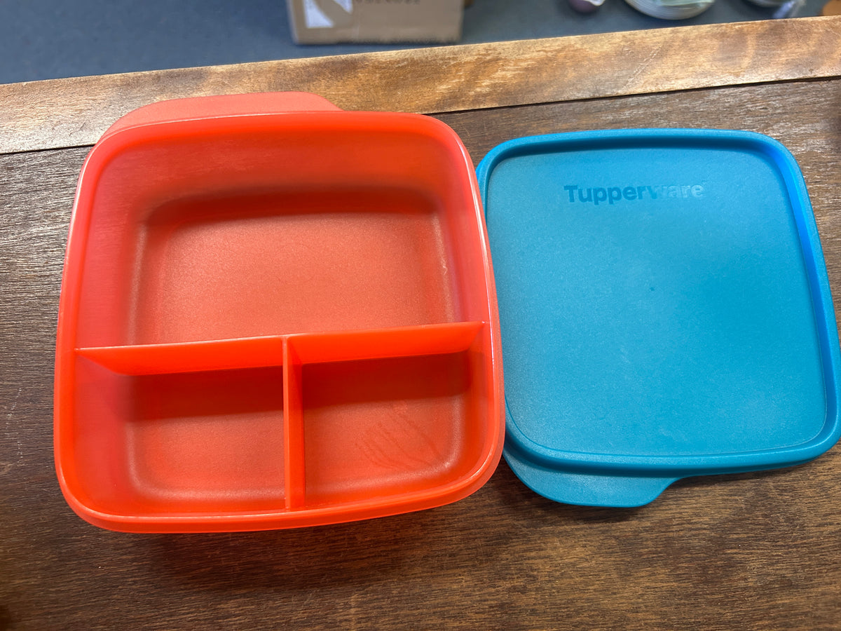 Blue & Red Tupperware 3 Section Square w/ Lid, 6"