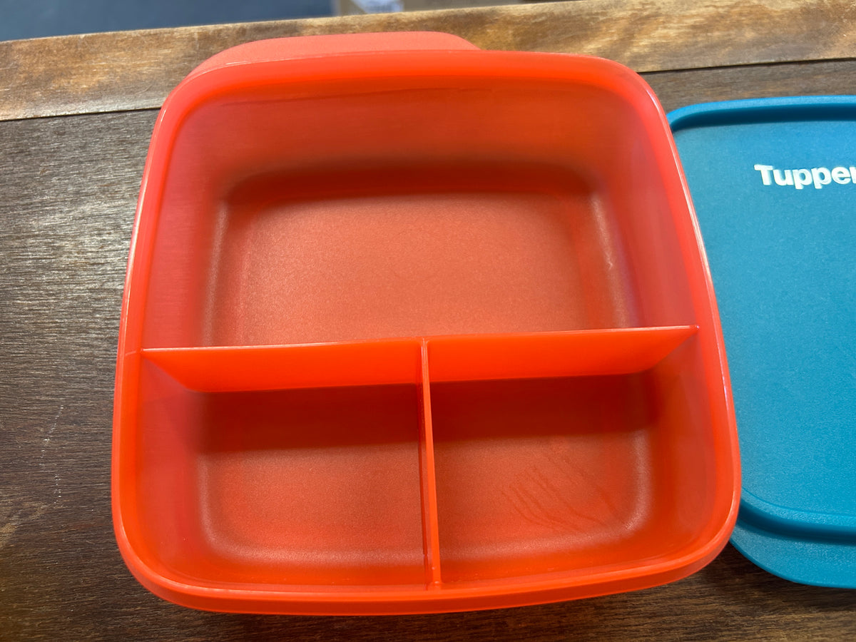 Blue & Red Tupperware 3 Section Square w/ Lid, 6"