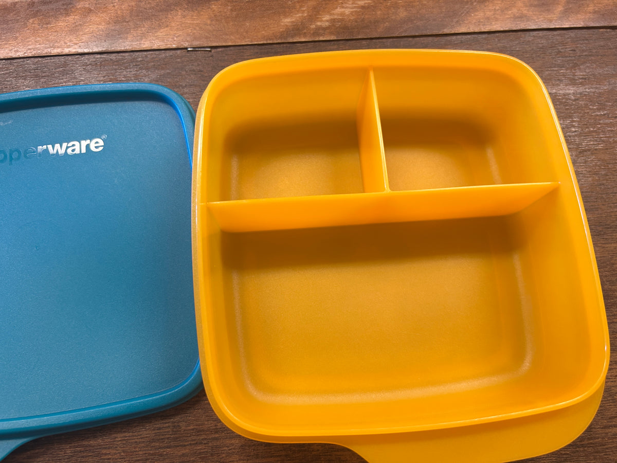 Blue & Orange Tupperware 3 Section Square w/ Lid, 6"