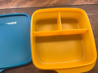 Blue & Orange Tupperware 3 Section Square w/ Lid, 6"