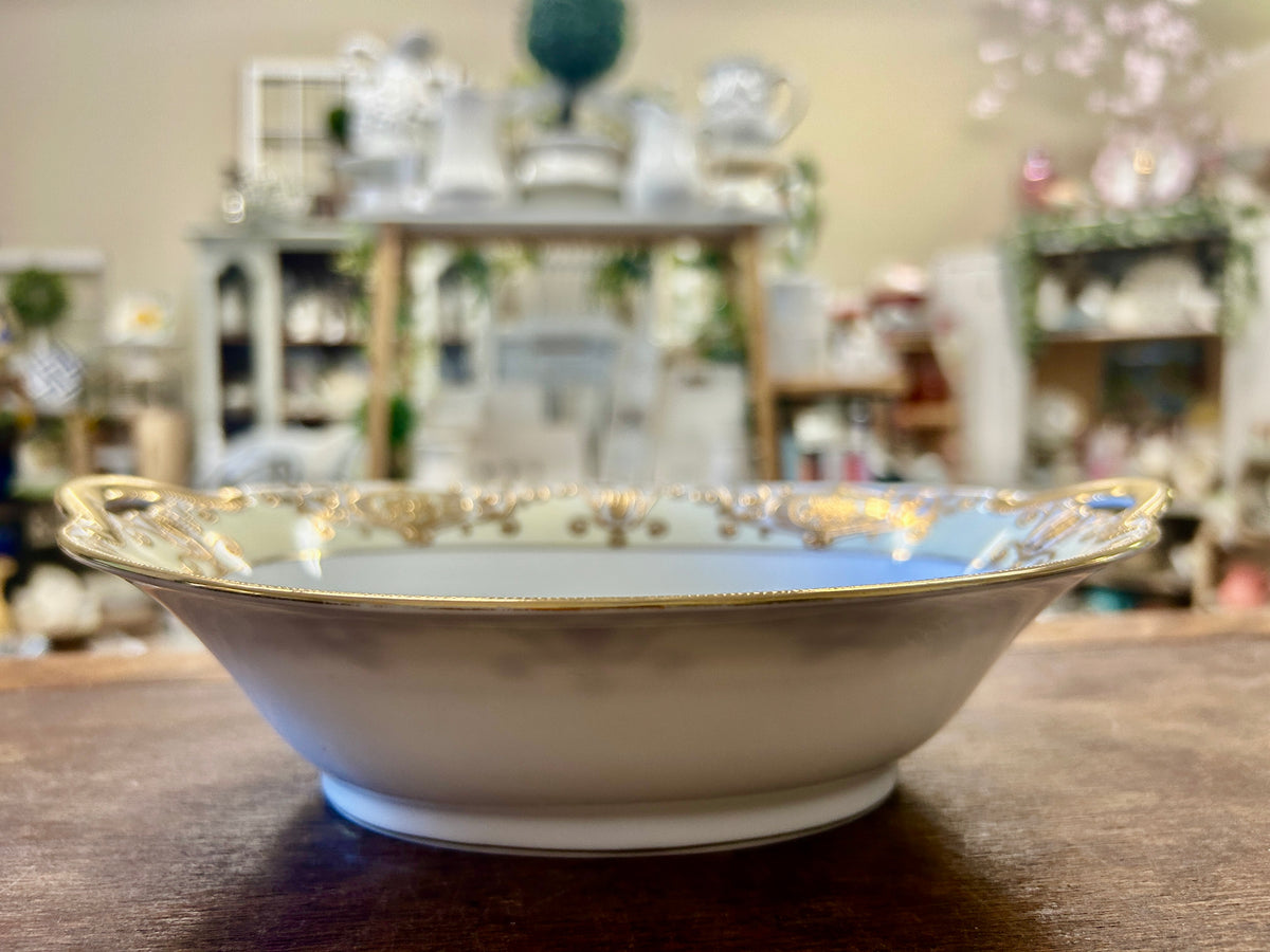 Gold & White Noritake Christmas Ball Oval Bowl, 10 1/4"