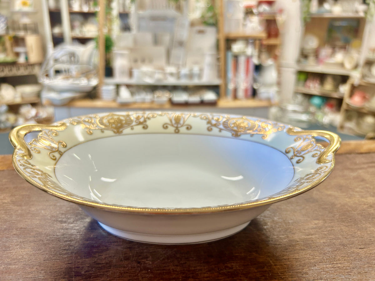 Gold & White Noritake Christmas Ball Oval Bowl, 9 1/4"