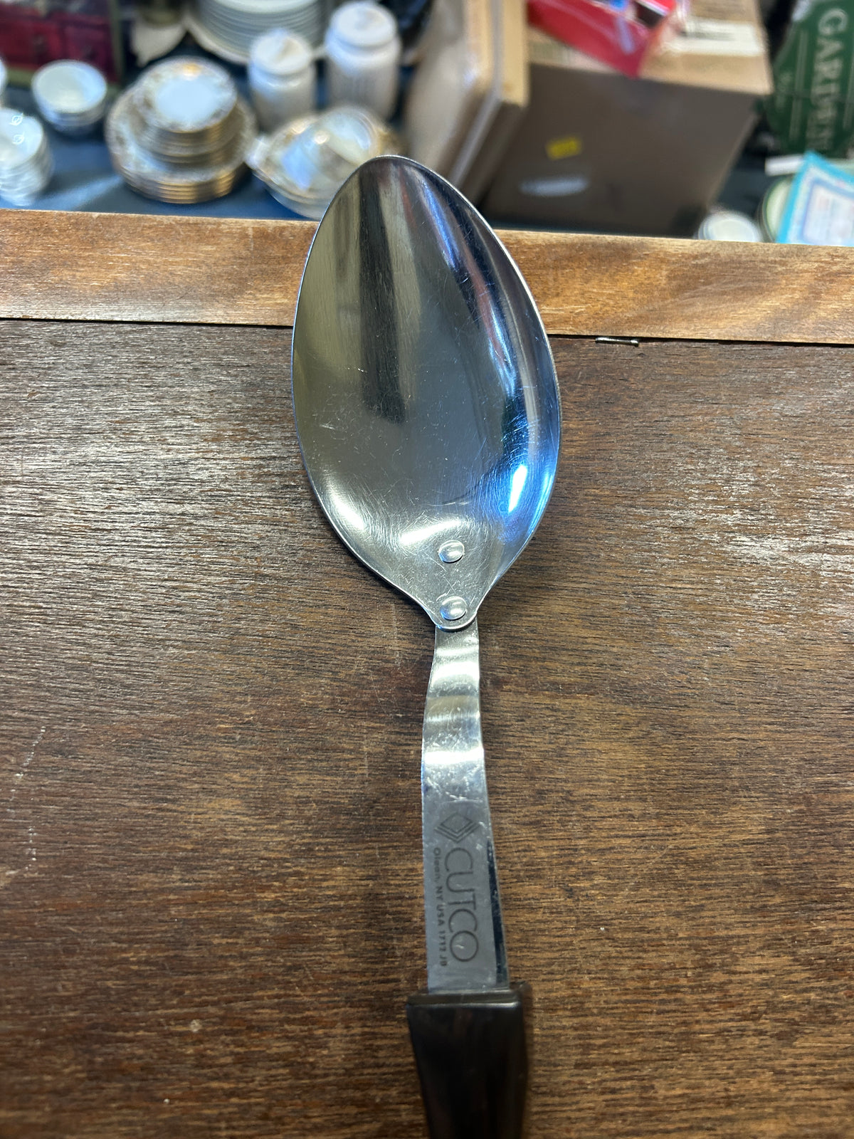Silver Cutco Serving Spoon Brown Handle, 12 1/2"