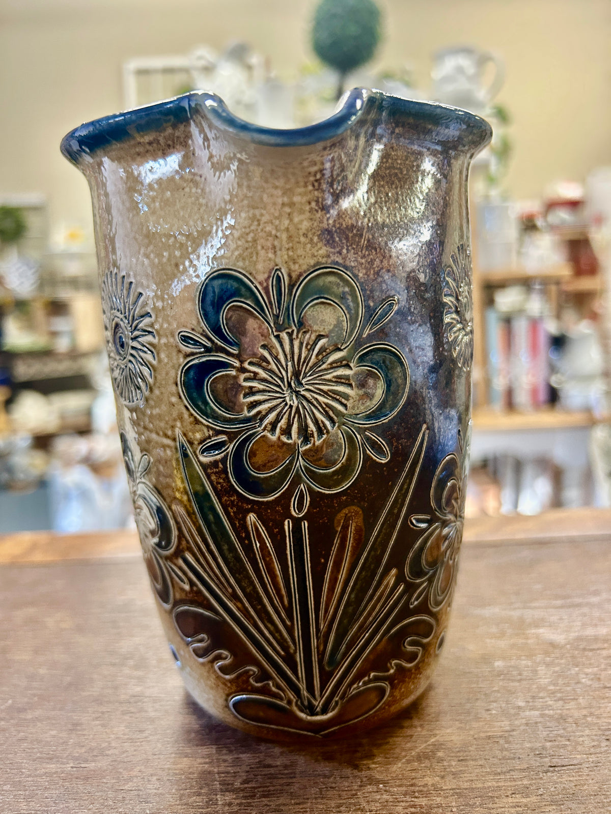 Blue & Brown Ephraim Pottery RARE Pottery Pitcher, 6 3/4"