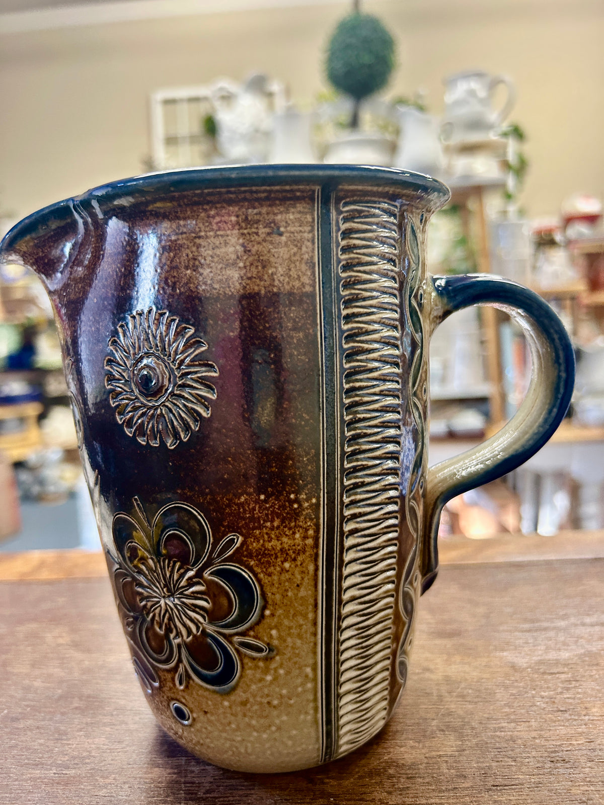 Blue & Brown Ephraim Pottery RARE Pottery Pitcher, 6 3/4"