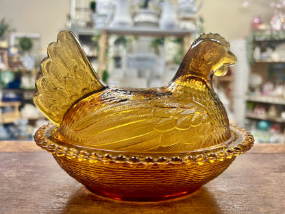 Amber Indiana Glass Vintage Amber Hen on Nest Bowl, 7"