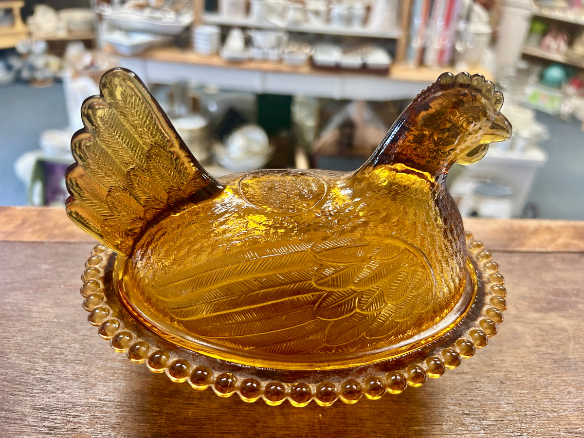 Amber Indiana Glass Vintage Amber Hen on Nest Bowl, 7"
