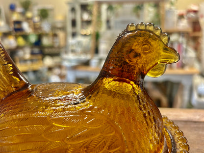 Amber Indiana Glass Vintage Amber Hen on Nest Bowl, 7"