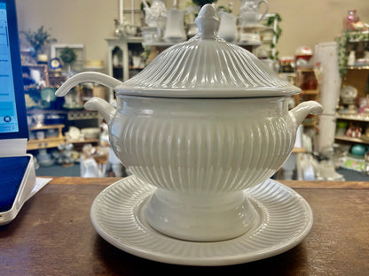 California Pottery White Soup Tureen Plate Ladel, 10 1/2"