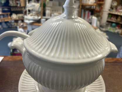 California Pottery White Soup Tureen Plate Ladel, 10 1/2"