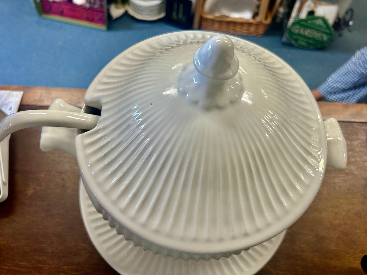California Pottery White Soup Tureen Plate Ladel, 10 1/2"