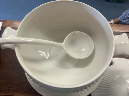 California Pottery White Soup Tureen Plate Ladel, 10 1/2"
