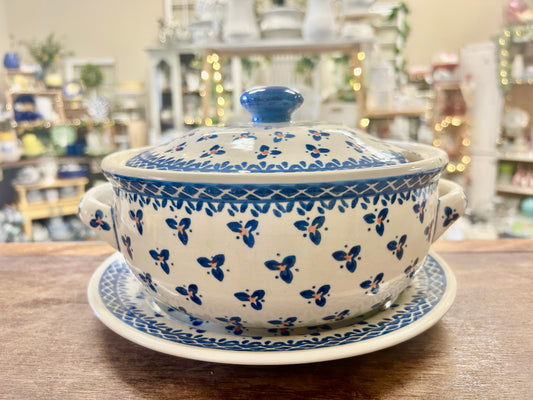 Blue & Pink Ceramika Artystyczna Polish Pottery Casserole/Tureen, 8 1/2"
