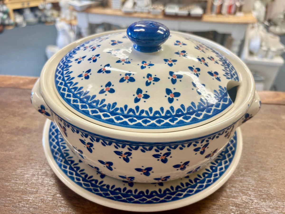Blue & Pink Ceramika Artystyczna Polish Pottery Casserole/Tureen, 8 1/2"