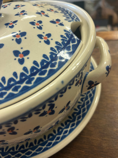 Blue & Pink Ceramika Artystyczna Polish Pottery Casserole/Tureen, 8 1/2"