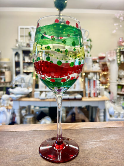 Red Green White  Christmas Wine Glass, 9 1/2"