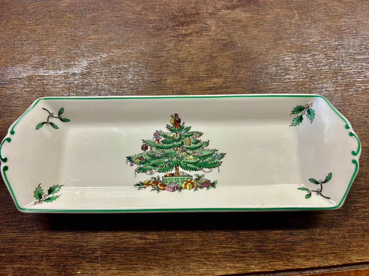 Red Green White Spode Christmas Tree Platter England, 9"