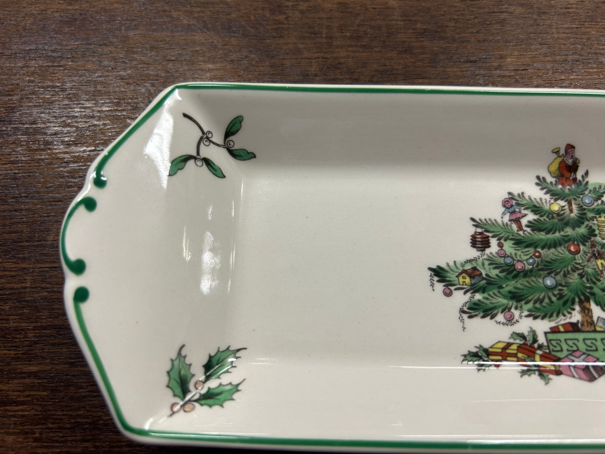 Red Green White Spode Christmas Tree Platter England, 9"