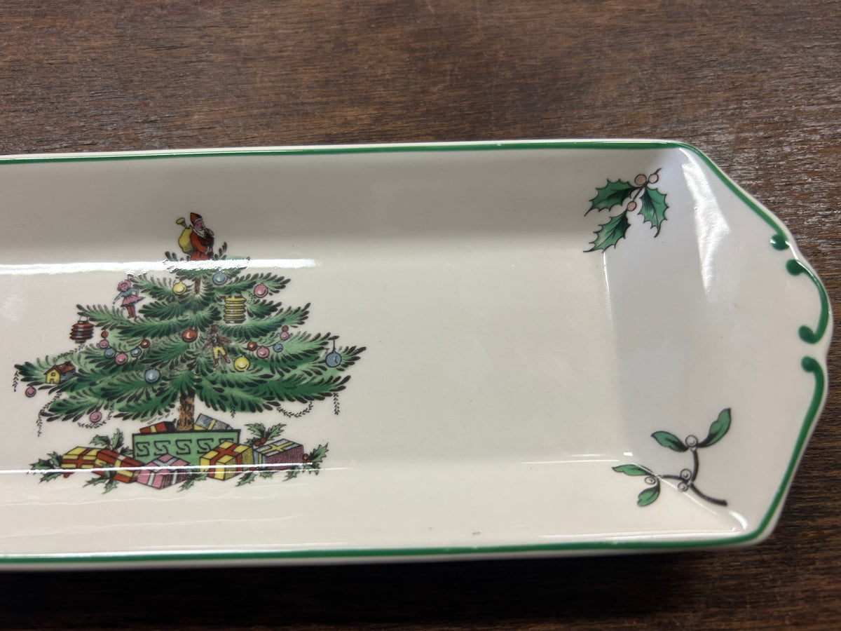Red Green White Spode Christmas Tree Platter England, 9"