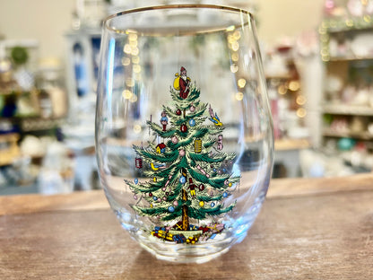 Red Green White Spode Christmas Tree Stemless Wine, 4 3/4"