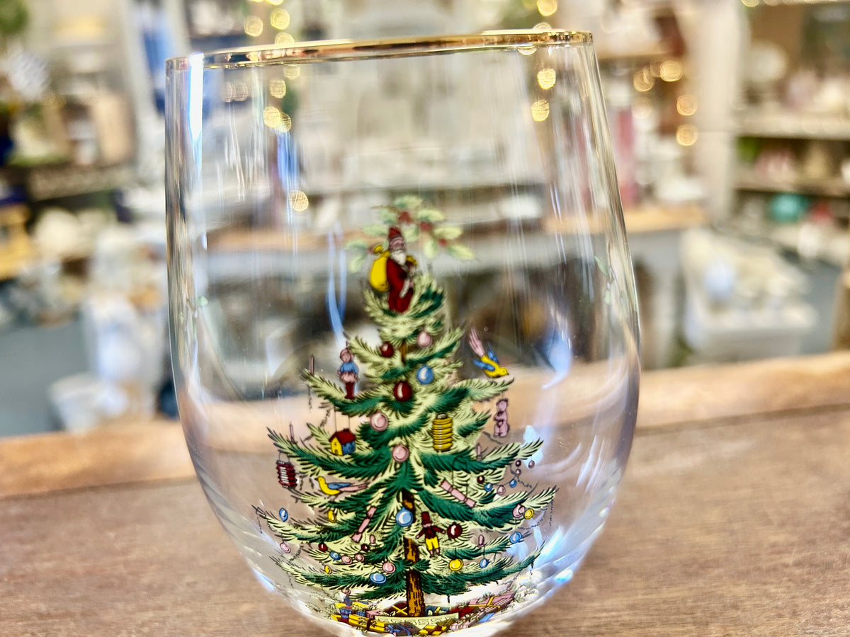 Red Green White Spode Christmas Tree Stemless Wine, 4 3/4"