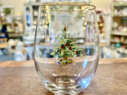 Red Green White Spode Christmas Tree Stemless Wine, 4 3/4"