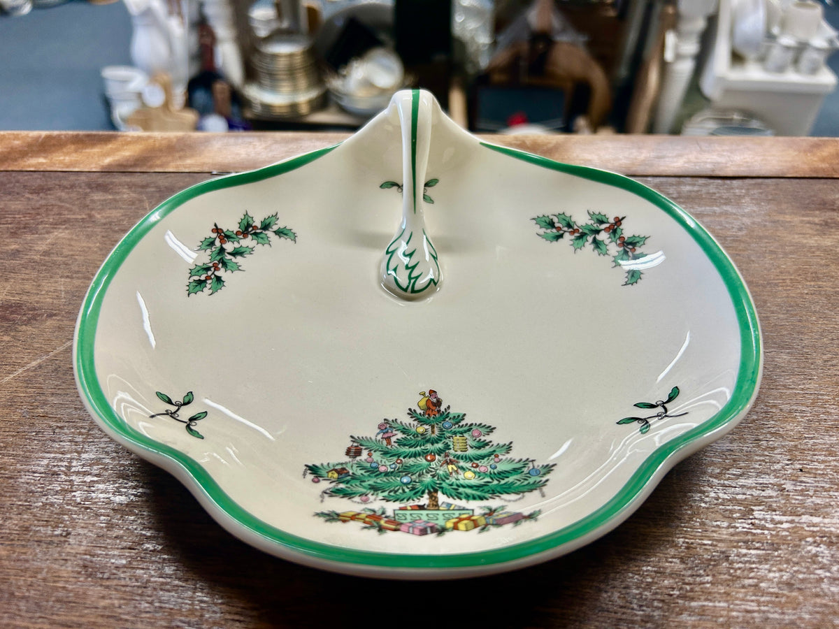 Red Green White Spode Christmas Tree Handled Plate, 8 1/4"