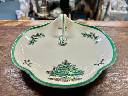 Red Green White Spode Christmas Tree Handled Plate, 8 1/4"