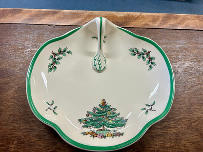 Red Green White Spode Christmas Tree Handled Plate, 8 1/4"