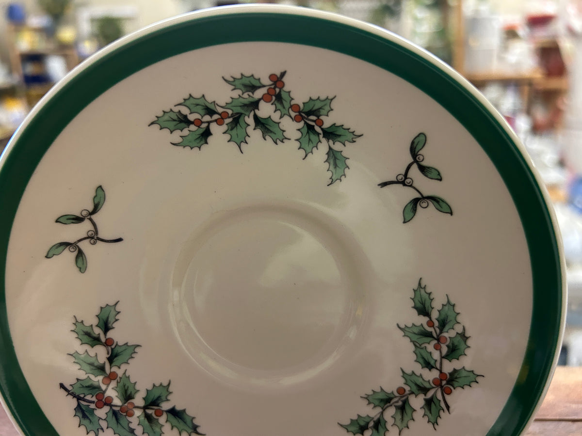 Red Green White Spode Christmas Tree Saucer England, 5 1/2"