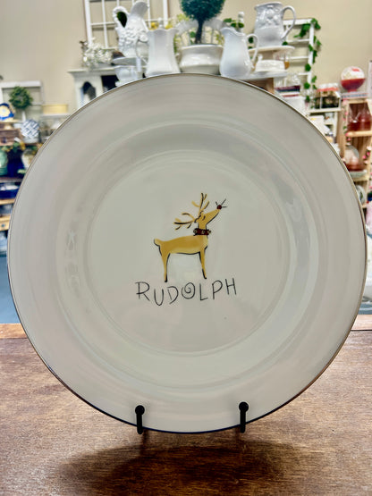 White Pottery Barn Rudolph Reindeer Platter Japan, 12"