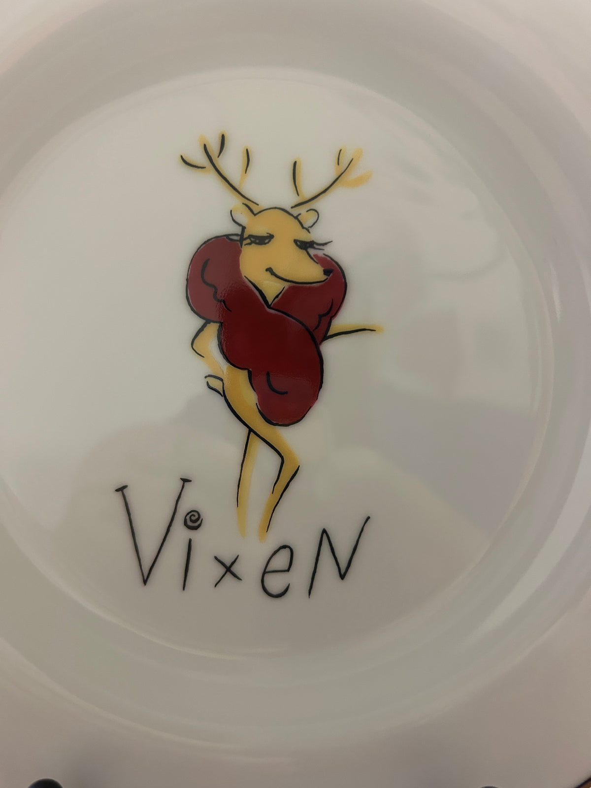 White Pottery Barn Vixen Reindeer Plate Japan, 8 1/2"