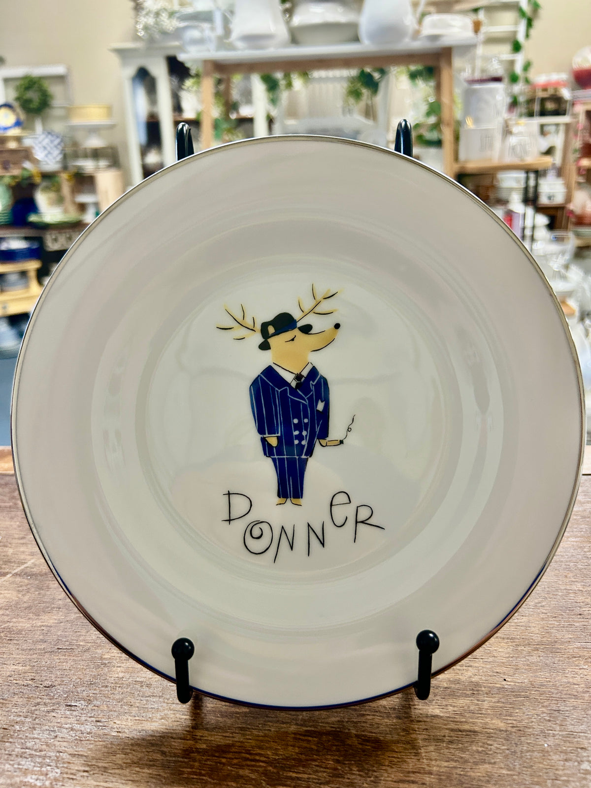 White Pottery Barn Donner Reindeer Plate Japan, 8 1/2"