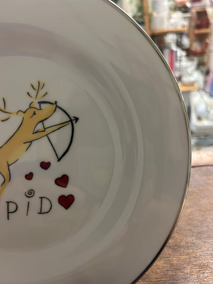 White Pottery Barn Cupid Reindeer Plate Japan, 8 1/2"