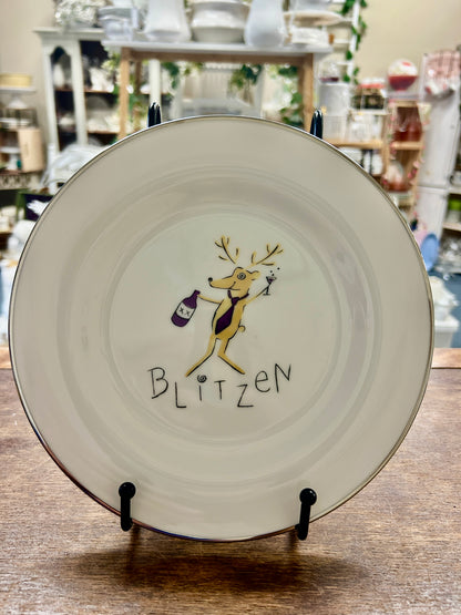 White Pottery Barn Blitzen Reindeer Plate Japan, 8 1/2"