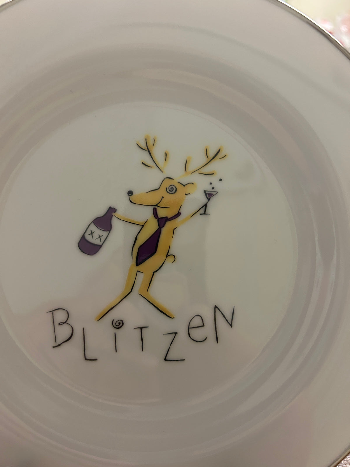 White Pottery Barn Blitzen Reindeer Plate Japan, 8 1/2"