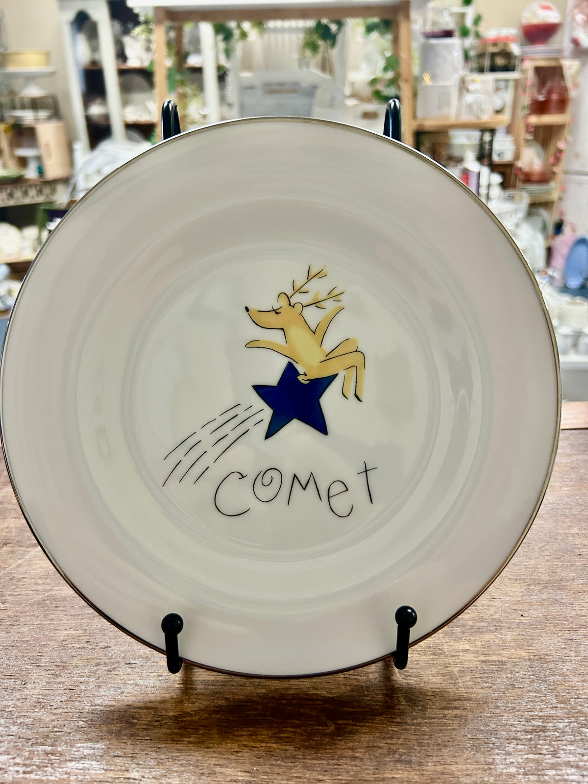 White Pottery Barn Comet Reindeer Plate Japan, 8 1/2"