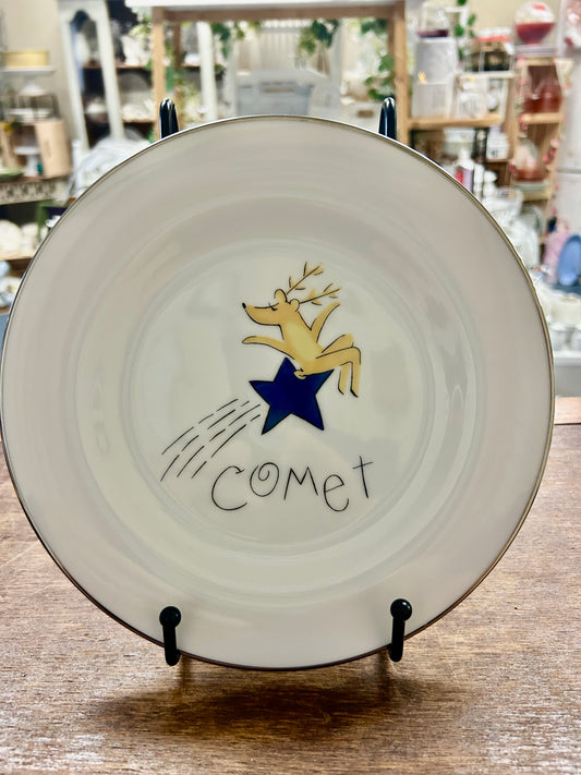 White Pottery Barn Comet Reindeer Plate Japan, 8 1/2"