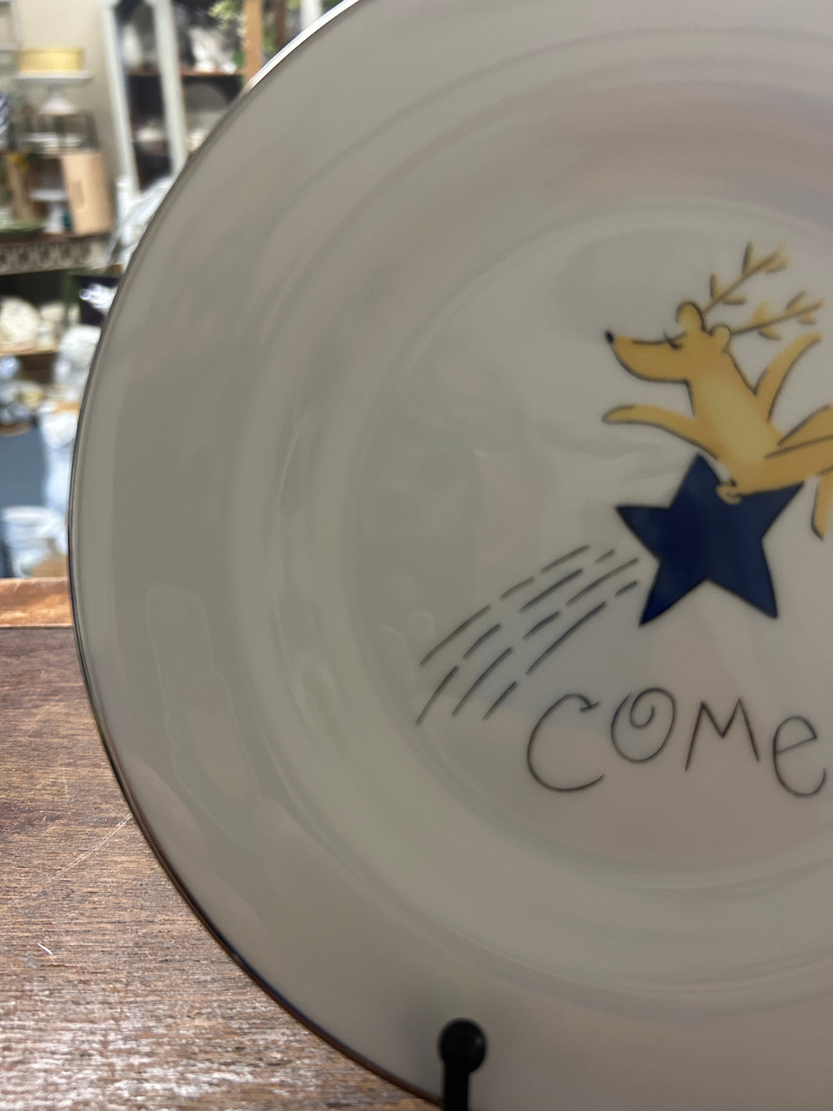White Pottery Barn Comet Reindeer Plate Japan, 8 1/2"
