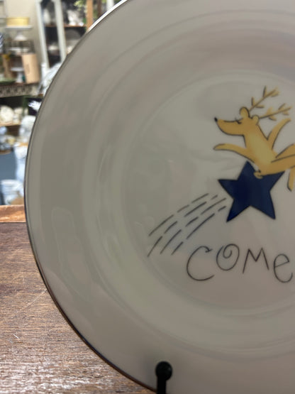 White Pottery Barn Comet Reindeer Plate Japan, 8 1/2"