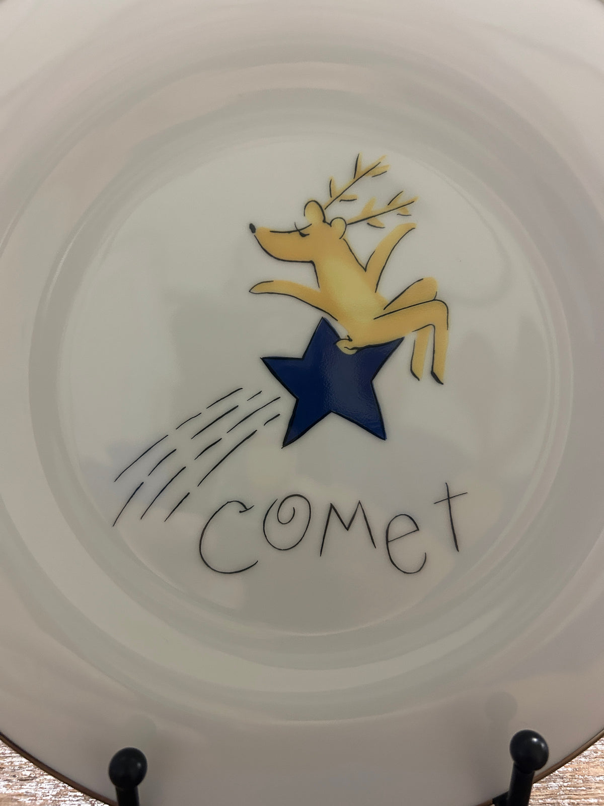 White Pottery Barn Comet Reindeer Plate Japan, 8 1/2"