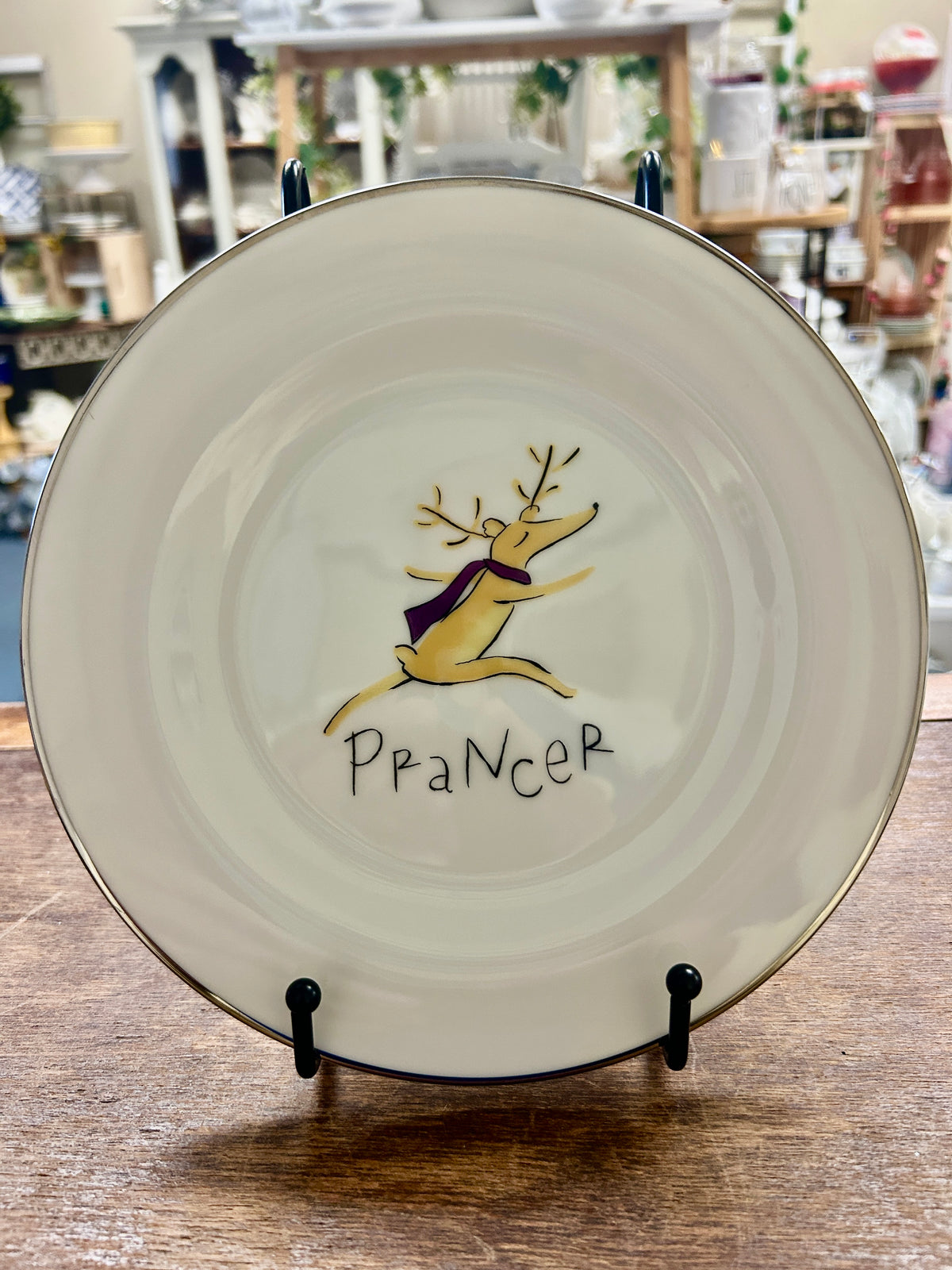 White Pottery Barn Prancer Reindeer Plate Japan, 8 1/2"