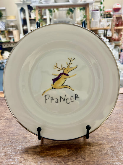 White Pottery Barn Prancer Reindeer Plate Japan, 8 1/2"