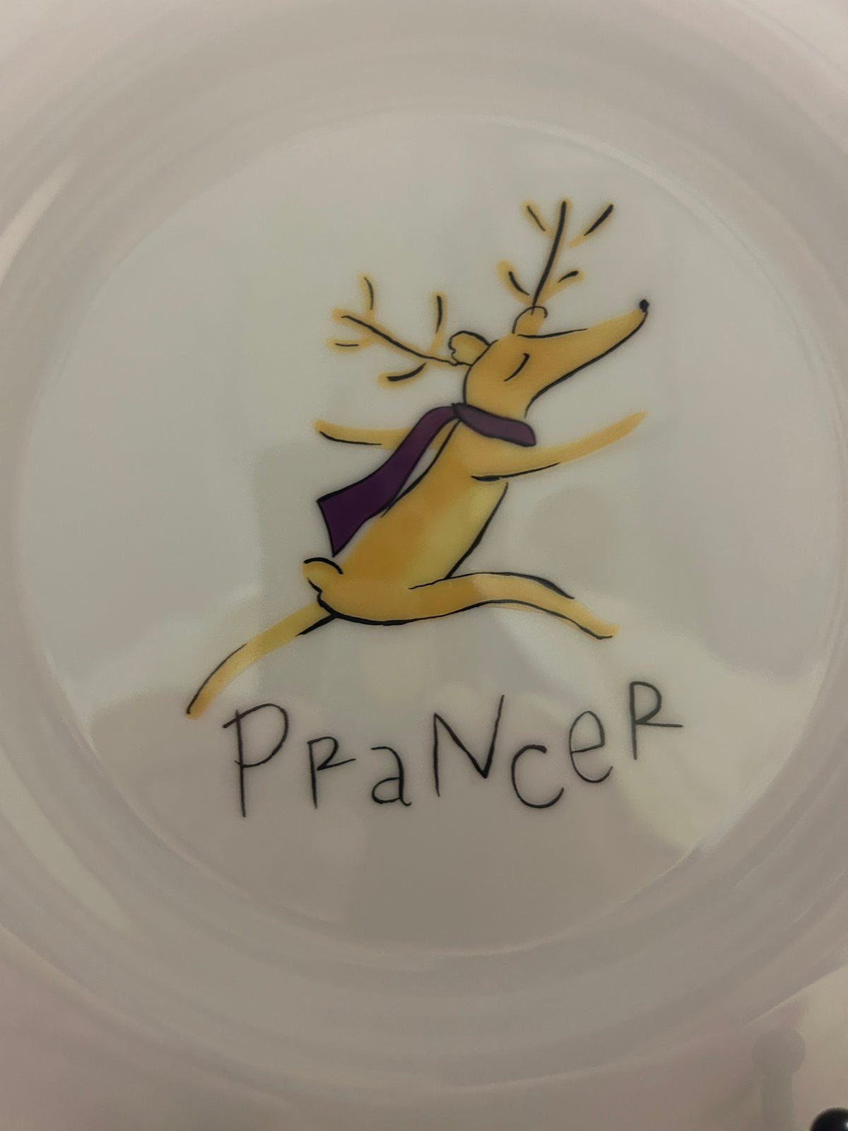 White Pottery Barn Prancer Reindeer Plate Japan, 8 1/2"
