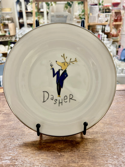 White Pottery Barn Dasher Reindeer Plate Japan, 8 1/2"