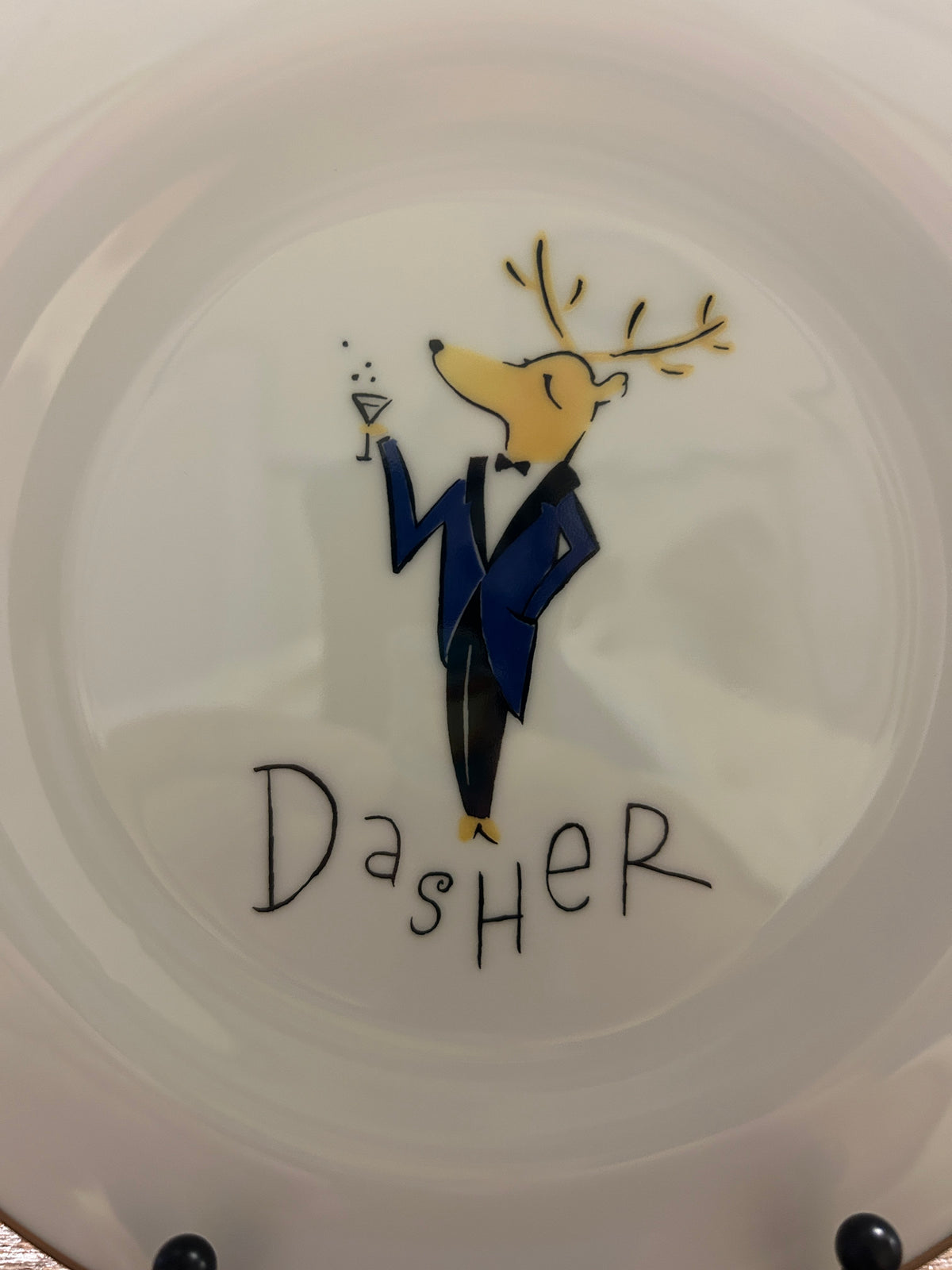 White Pottery Barn Dasher Reindeer Plate Japan, 8 1/2"