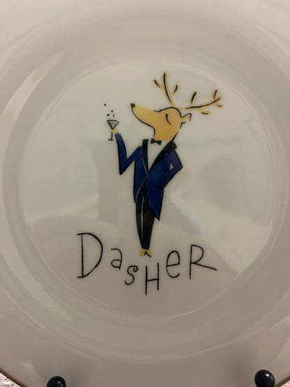 White Pottery Barn Dasher Reindeer Plate Japan, 8 1/2"