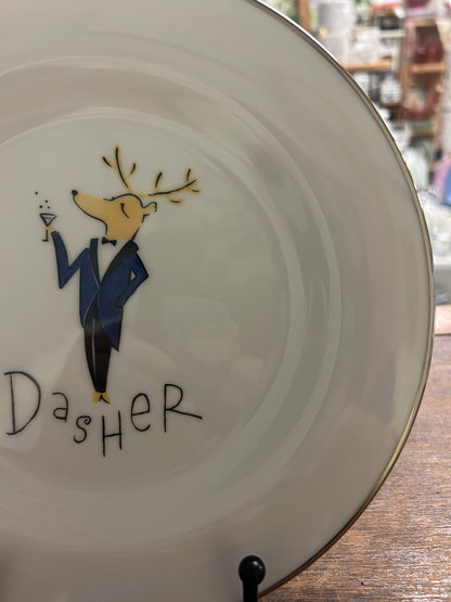 White Pottery Barn Dasher Reindeer Plate Japan, 8 1/2"