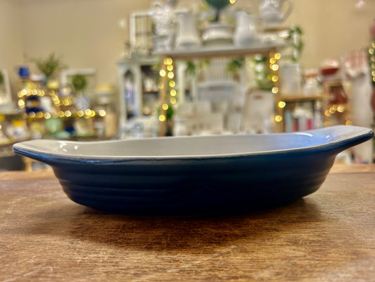 Blue-trim oval ceramic baking dish, 9.5-inch