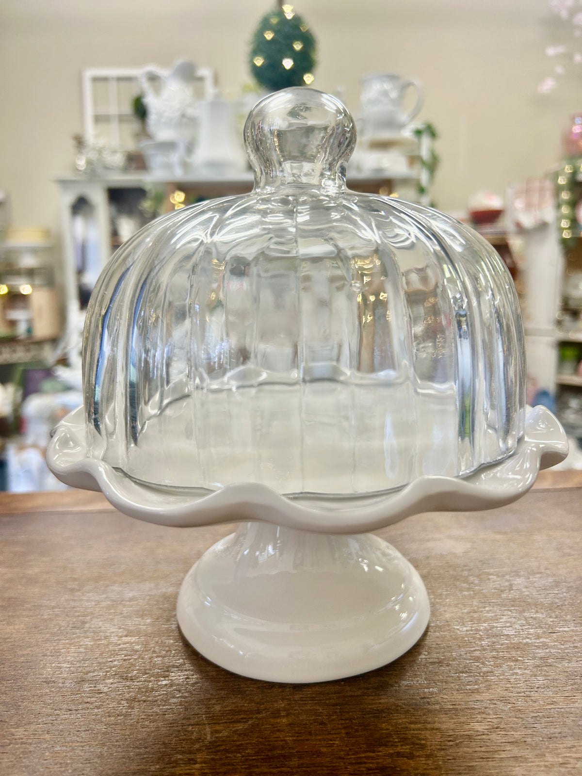 White Cake Stand w/ Dome Italy, 7 3/4"